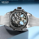 MEGIR Skeleton Dial Automatic Mechanical Watch Men Stainless Steel Case Waterproof Luminous Sport Wristwatch with Silicone Strap