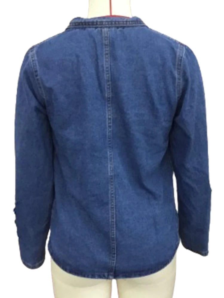 Women’s Vintage Stand Collar Denim Jacket – Retro Slim Fit Harajuku Jeans Coat