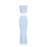 Mingmingxi Elegant Maxi Wedding Guest Dress Set Sexy Strapless Blue Cropped Top Set Bodycon Holiday Party Dresses Women