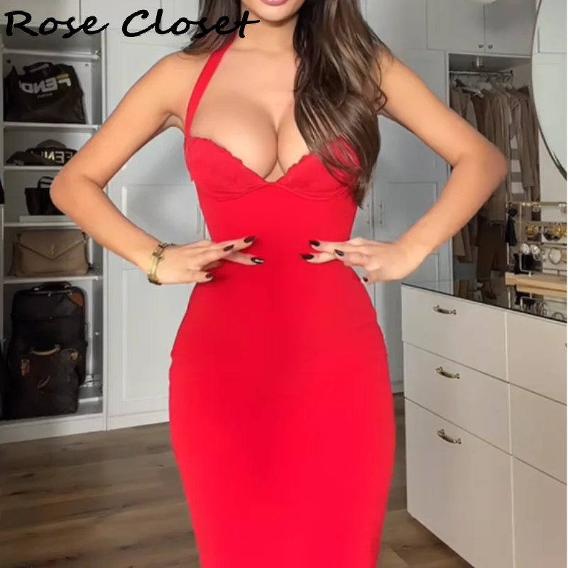 Elegant Bodycon Midi Dress – Halter Neck Evening Gown