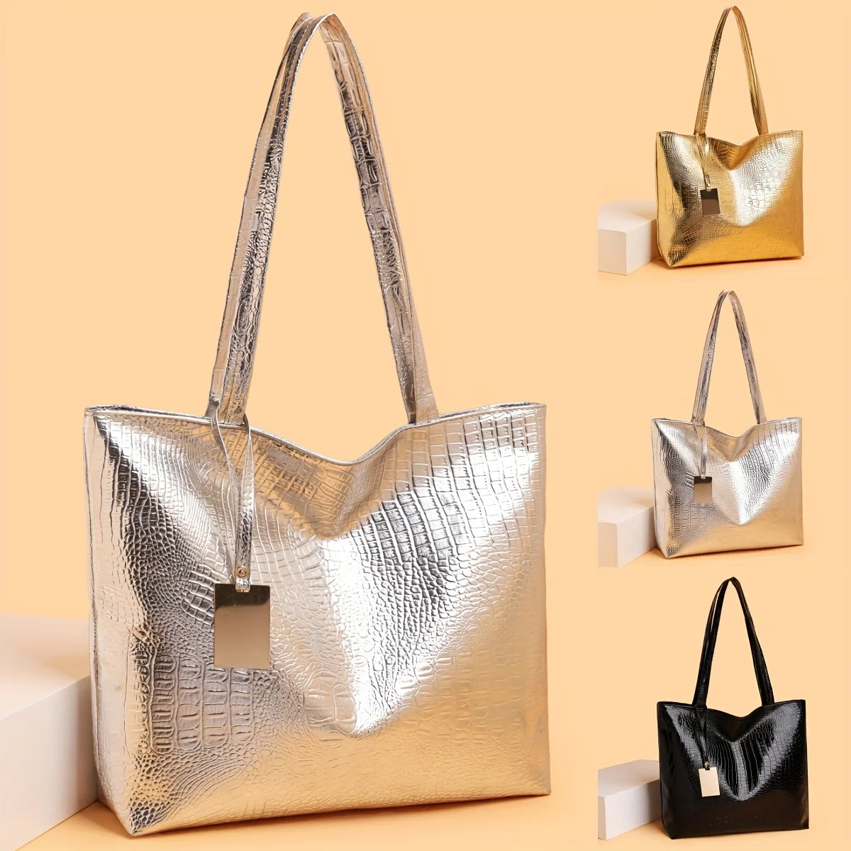 Women's Metallic PU Leather Tote Bag with Zipper