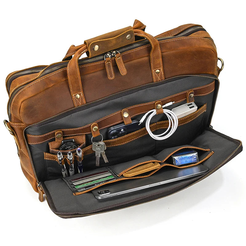 Men Briefcase Genuine Leather Laptop Bag 14 15.6" PC Doctor Lawyer Computer Bag Cowhide Male Briefcase Leather Men Business Bag