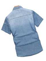 Men's summer blue short - sleeved denim shirt with ripped details. The ripped design elements showcase a trendy and casual style