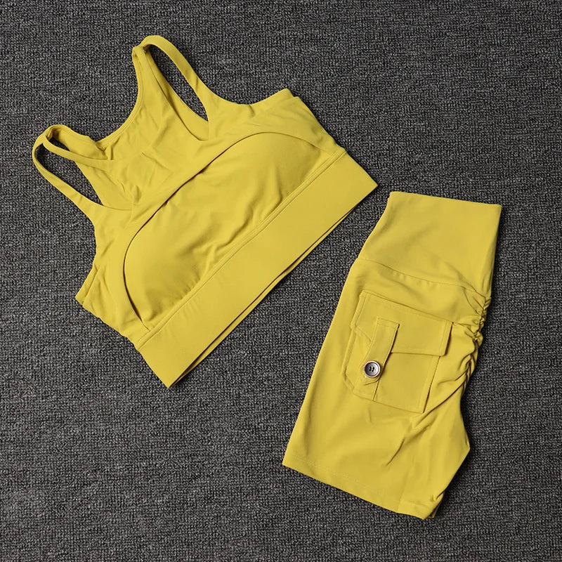 Fitness Shorts Yoga Sets Women's Tracksuit High Waist Sportswear Bra Workout Leggings Cycling Gym Shorts Sports Suit With Pocket