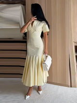 Women Fashion Solid Dress V-neck Ruffles Hem Short Sleeves Waist-cinching Draped Empire Dresses Summer Chic Elegant Summer Gown