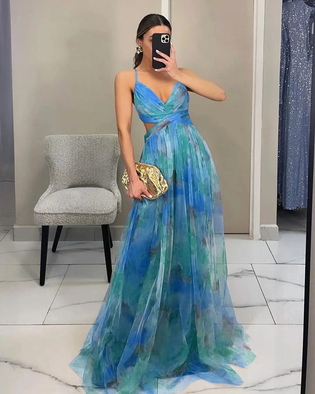 Off-Shoulder Lace Print Halter Maxi