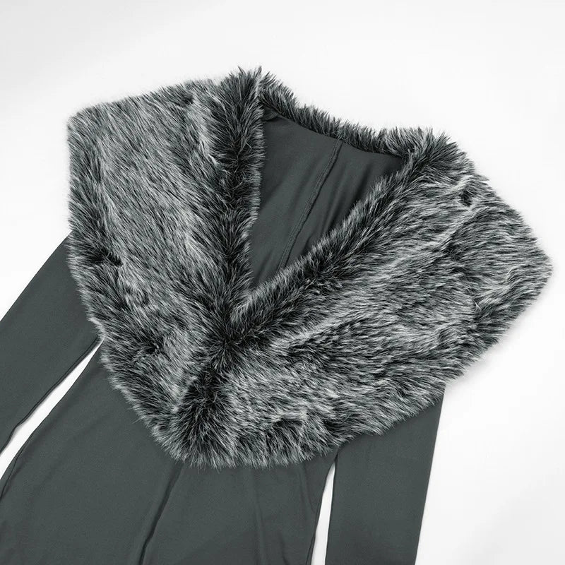 Faux Fur Collar Bodycon Jumpsuit - Slim Fit Cut-Out Streetwear Romper