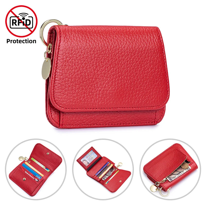 Women Genuine Leather Slim TriFold Wallet Credit Card Holder With Zipper Coin Pouch, ID Window & Keychain