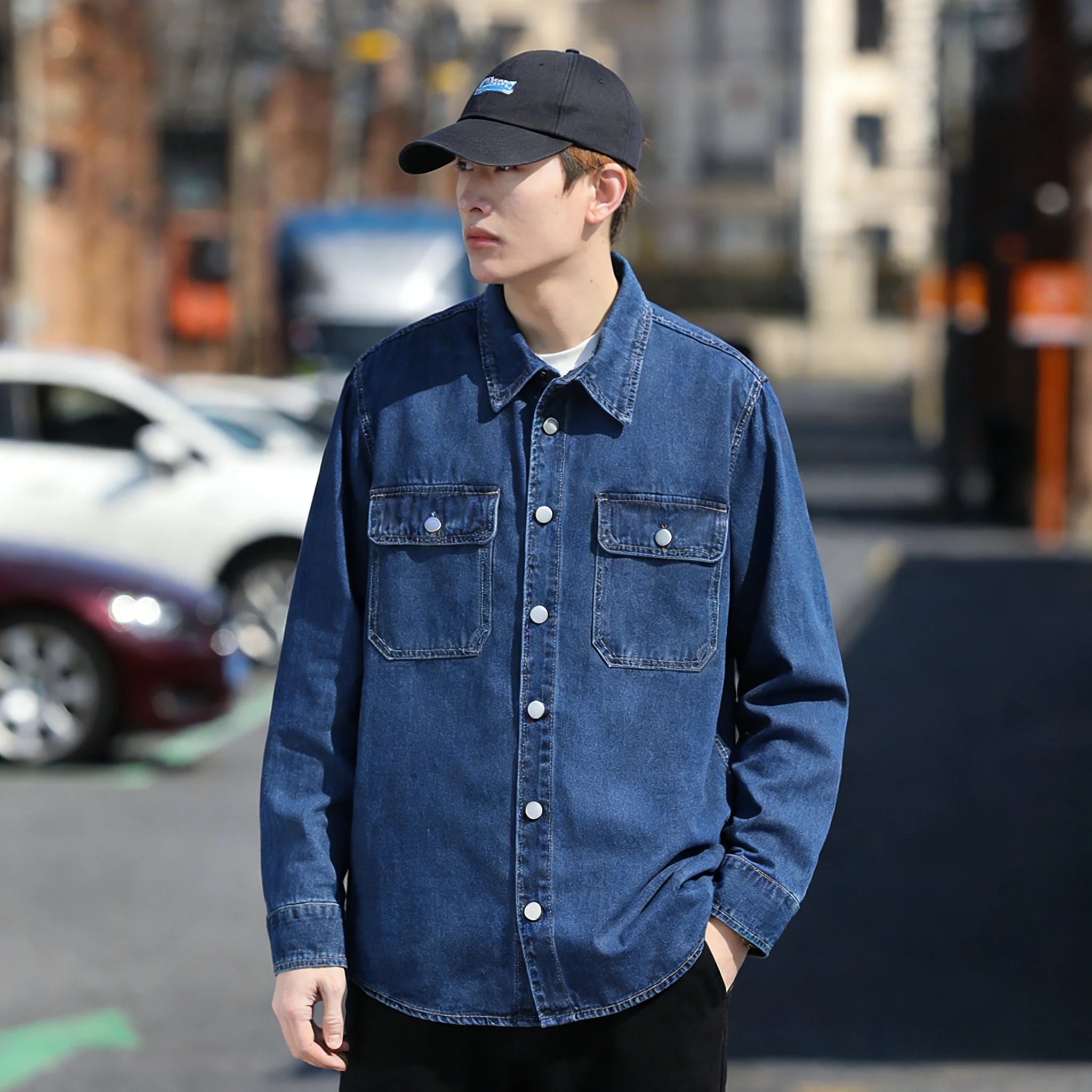Retro Japanese Style Long Sleeve Denim Jacket Washed out Casual Workwear Versatile Spring Autumn Denim Shirt