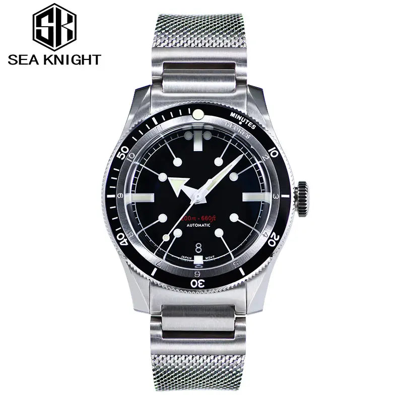 SEA KNIGHT Men NH35A Automatic Watch 200M Waterproof C3 Luminous 316L Steel Mesh Belt Sapphire Crystal Mechanical Diving Watch