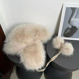 INS Fluffy Faux Fur Trapper Hat Women Pompom Ties Russian Ushanka Earflap Cap Bomber Hat Winter Ski Beanie Bonnet Accessories