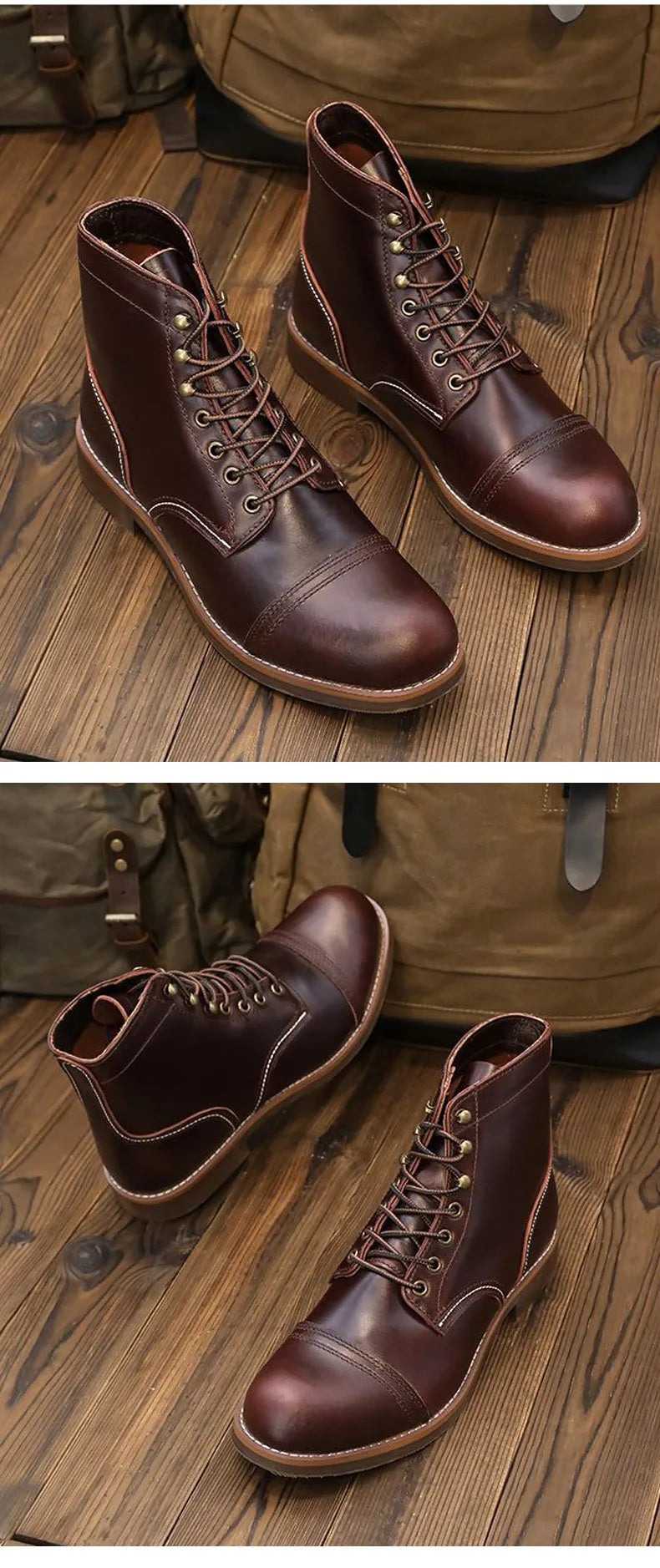 KOWM Hiking shoes men's walking boots British cowhide high top motorcycle boots ankle casual sneakers trekking shoes thick soled