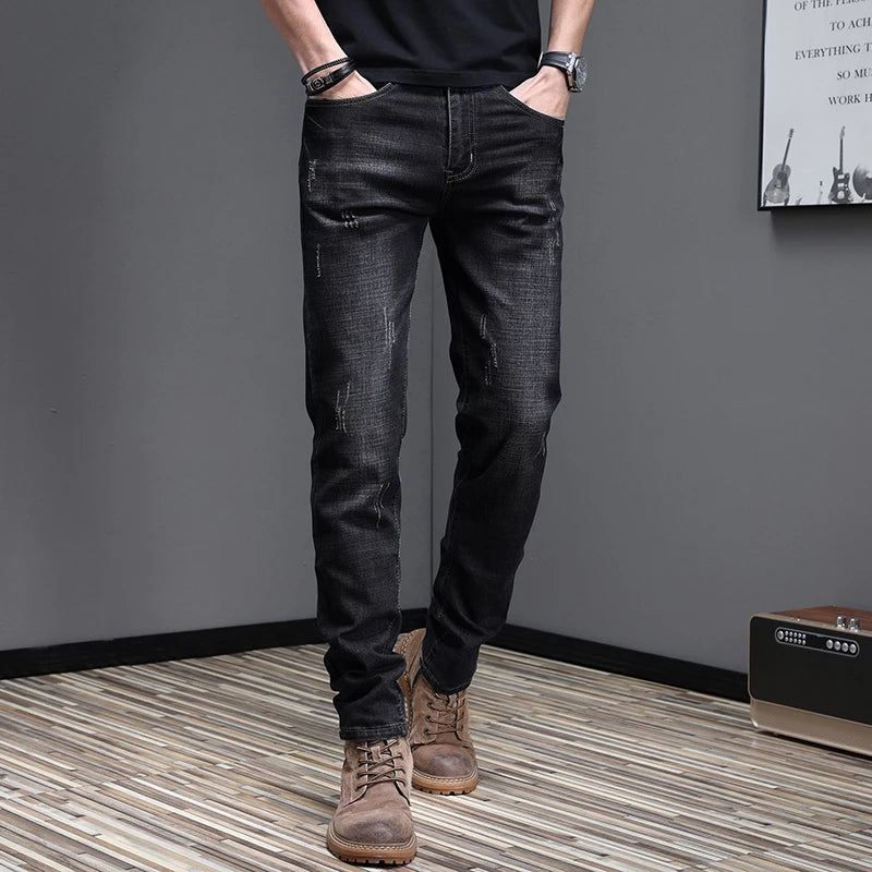 Embroidered Jeans Men's Autumn Winter New Korean Fashion Slim Little Feet Trousers Stretch Vintage Street Denim Trousers Male