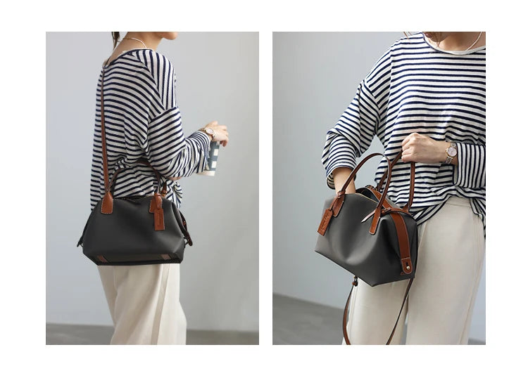 Women's Nylon With Genuine Leather Zipper Tote Lightweight Soft Travling Bags Versatile Style Handbag Different Colors And Size