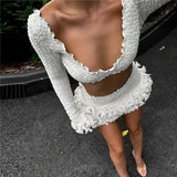Shestyle Texture White Women 2 Piece Sets Autumn Ruffles Super Short Crop Tops V Neck Sheath Skirts Brand Design Party Outfits