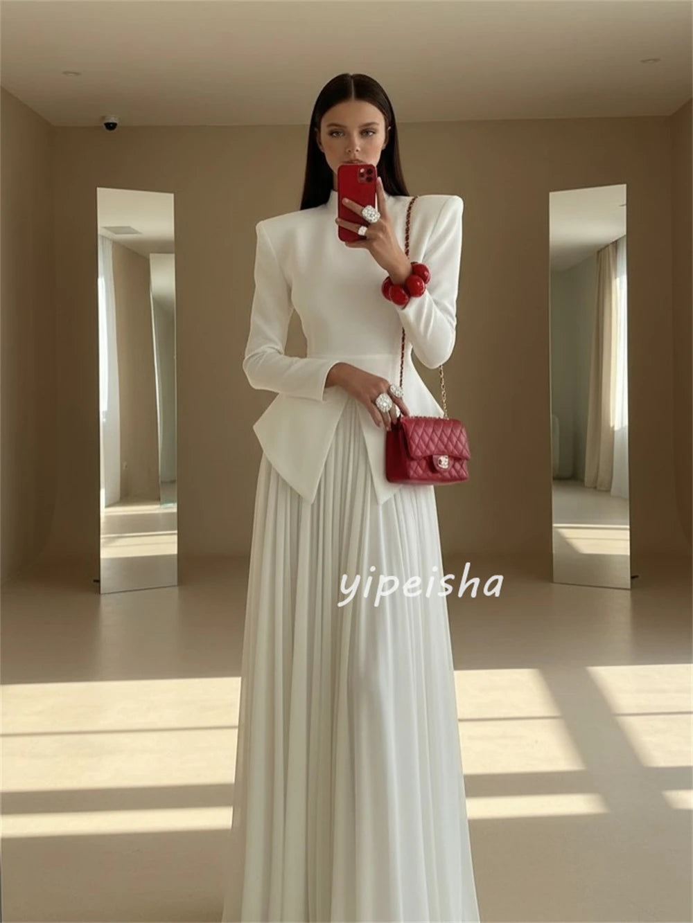 Elegant Jersey Ruched A-Line Gown | High Collar & Long Sleeves