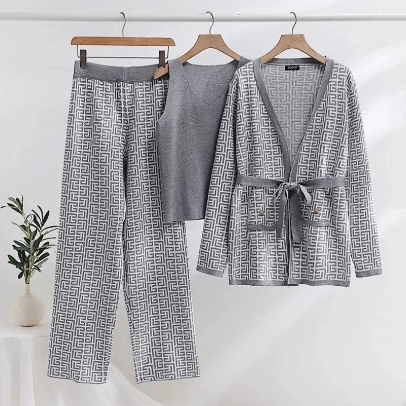 3-Piece Women’s Knitted Set: V-Neck Belted Cardigan & High-Waist Wide-Leg Pants