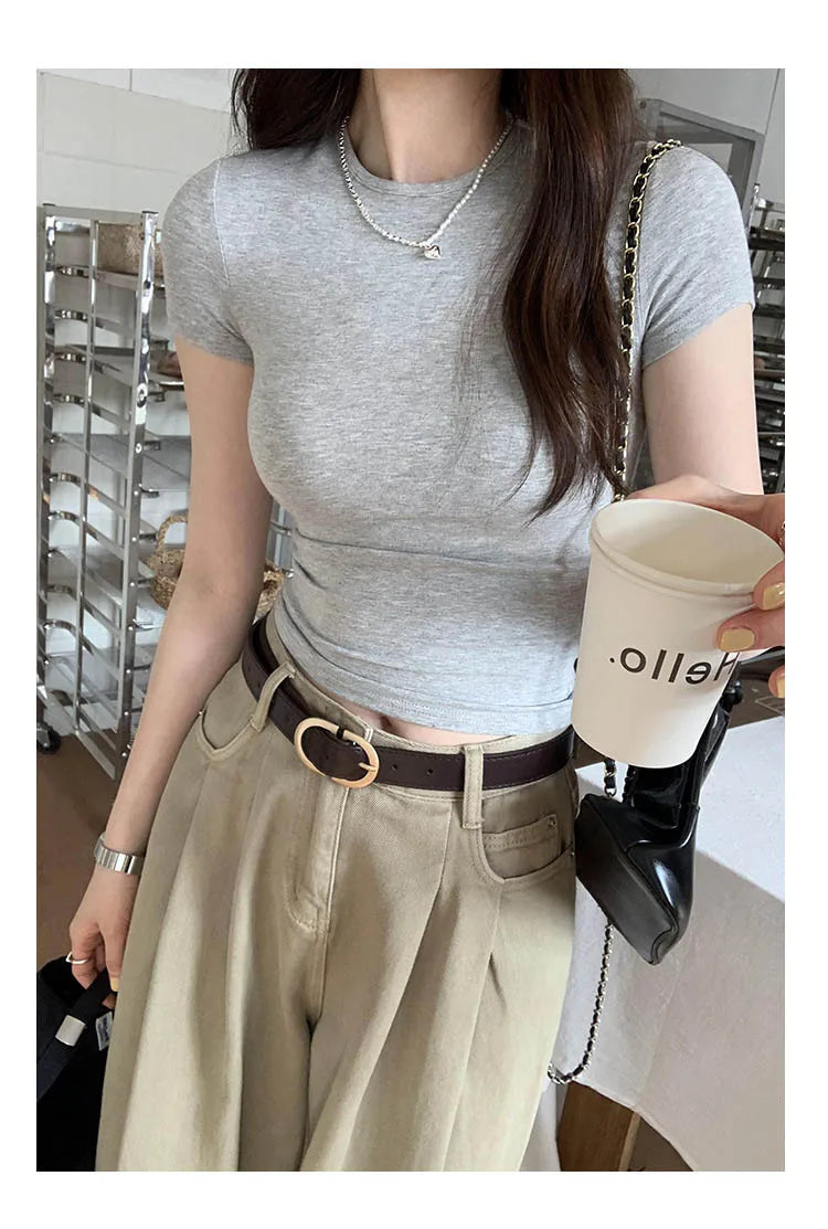 Y2K Vintage Slim Fit Crop Top - Solid Crewneck Short Sleeve Tee
