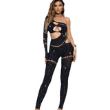 Women's Rhinestone Patchwork Hollow-Out Single Sleeve Jumpsuit