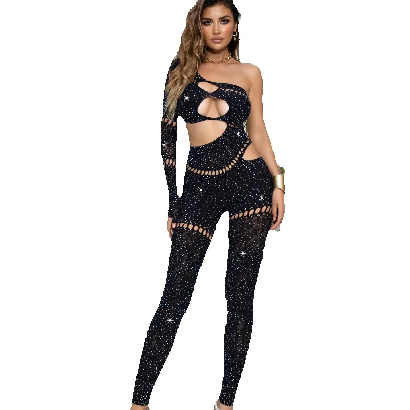 Women's Rhinestone Patchwork Hollow-Out Single Sleeve Jumpsuit