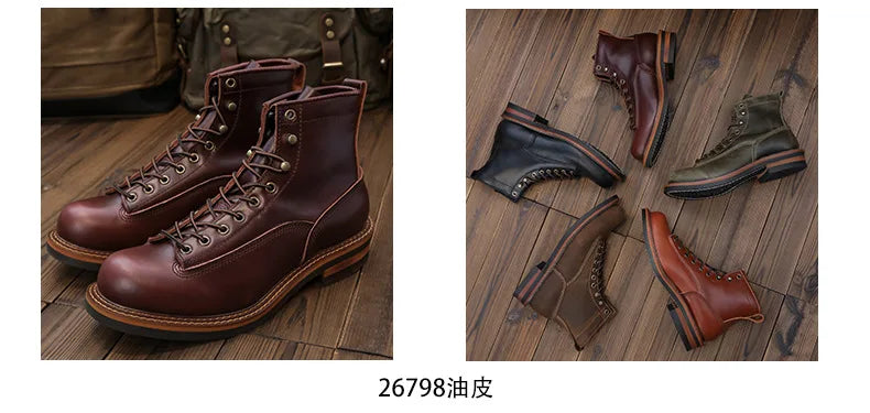 KOWM Hiking shoes men's walking boots British cowhide high top motorcycle boots ankle casual sneakers trekking shoes thick soled