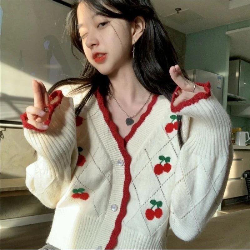 Floral V-Neck Button-Up Knit Cardigan for Women
