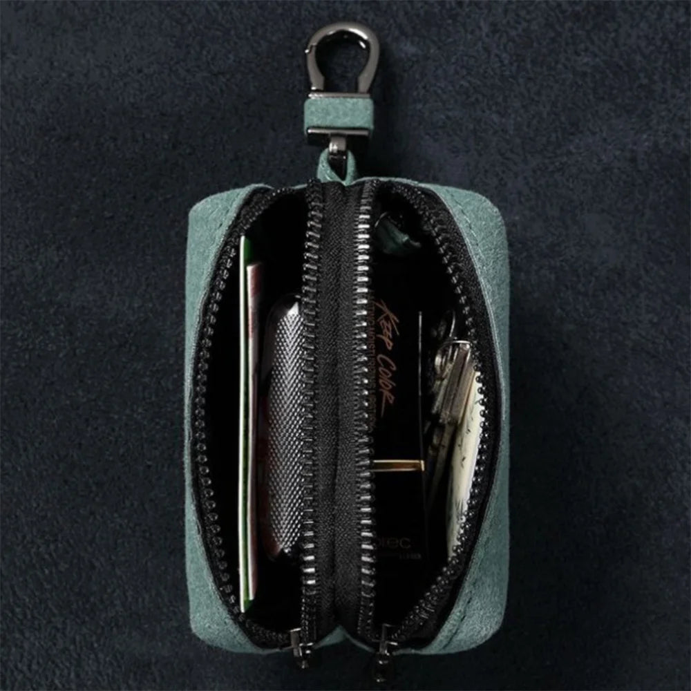 Portable Keychain Wallet for Men Women Large-Capacity Double Zipper Key Pouch Bag Suede Leather Key Case Unisex Coin Purse