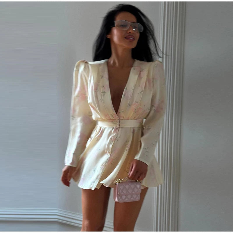 Print Women Dress Deep V Mini Dress Puff Sleeve High Waist Dress Two Piece Outfit With Waistband Elegant Slim Fit Outfit