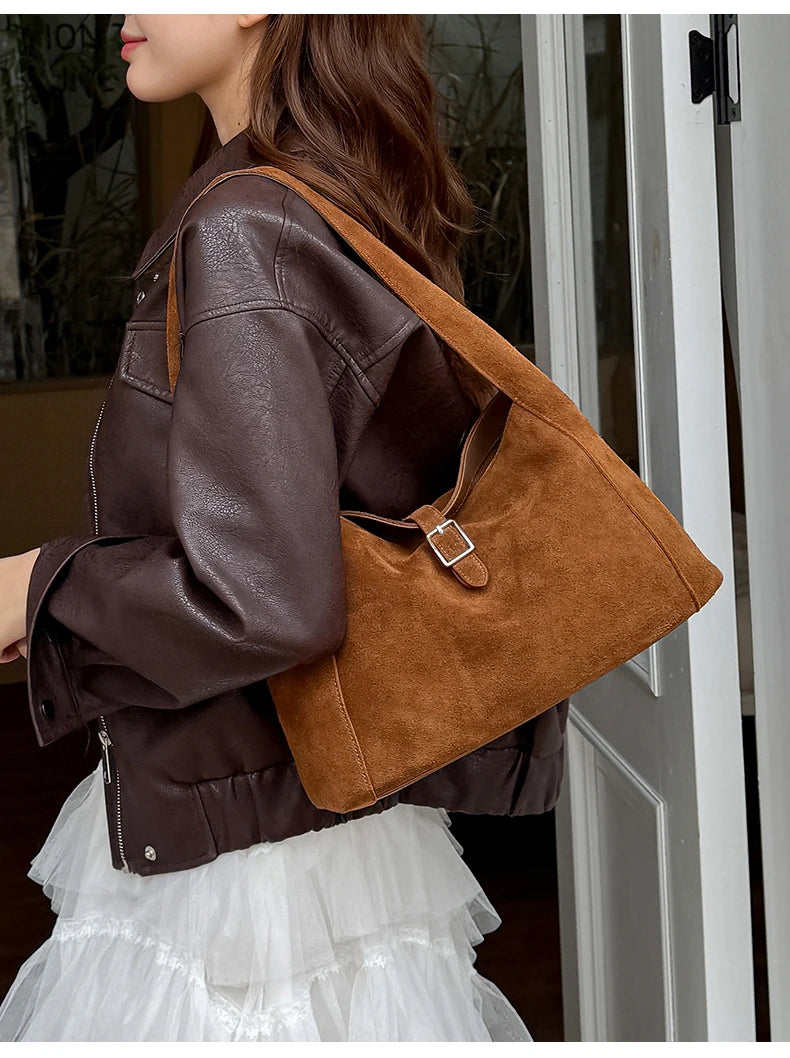 New Winter Women's Natural Suede Leather Bags Female Soft Cowhide Durable Crossbody Shoulder Bag Ladies Fashion Commute Handbags