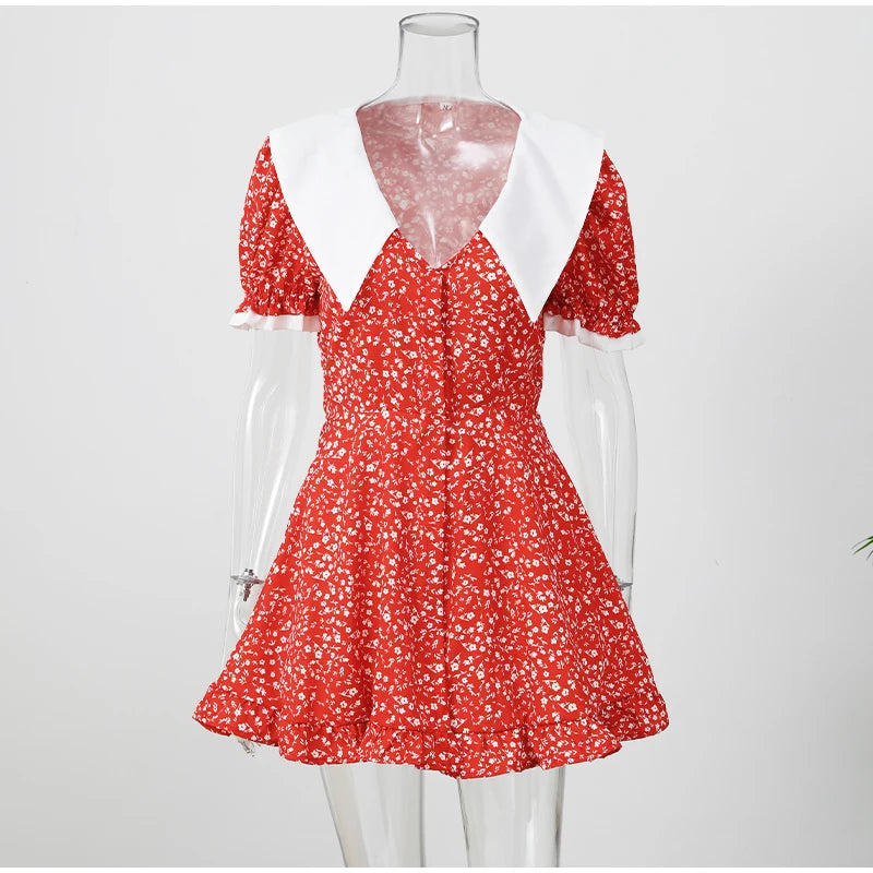 Women Red Floral Printed Mini Dress V-neck Short Sleeved Puff Sleeve Waist Trim Ruffle Slit Hem Dresses 2026 Summer Party Gown