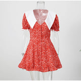 Women Red Floral Printed Mini Dress V-neck Short Sleeved Puff Sleeve Waist Trim Ruffle Slit Hem Dresses 2026 Summer Party Gown