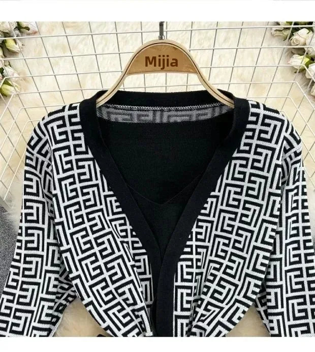 3-Piece Women’s Knitted Set: V-Neck Belted Cardigan & High-Waist Wide-Leg Pants