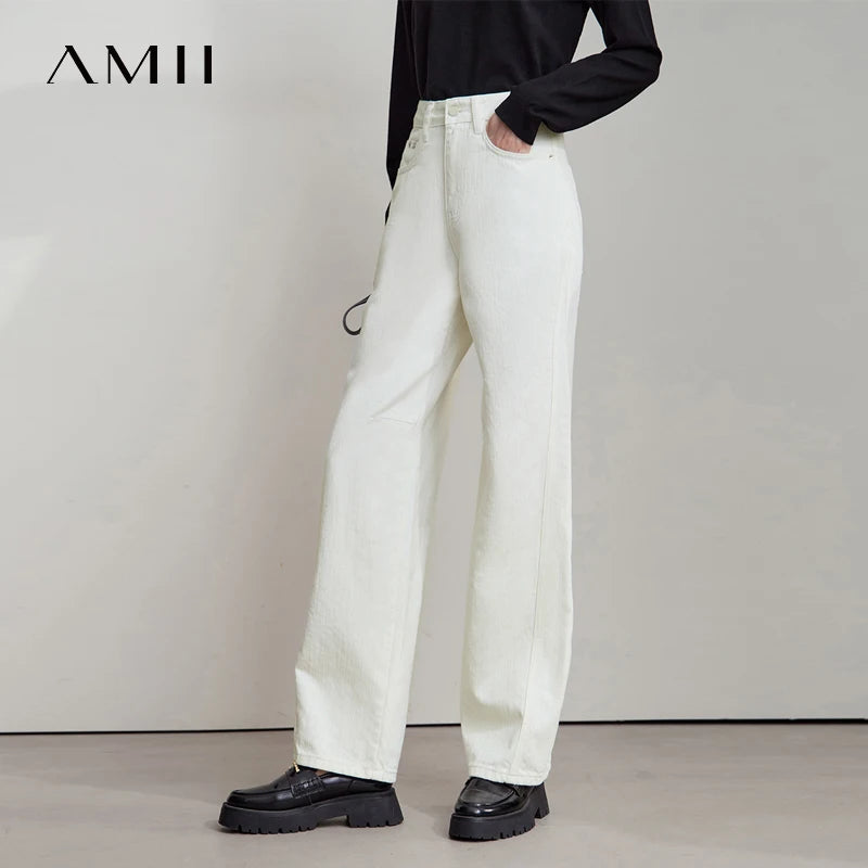 AMII Minimalist 2025 Autumn New Arrival Pants Minimalism Retro Casual Office Lady Pure Cotton Jeans Women Denim Trouser 12543141