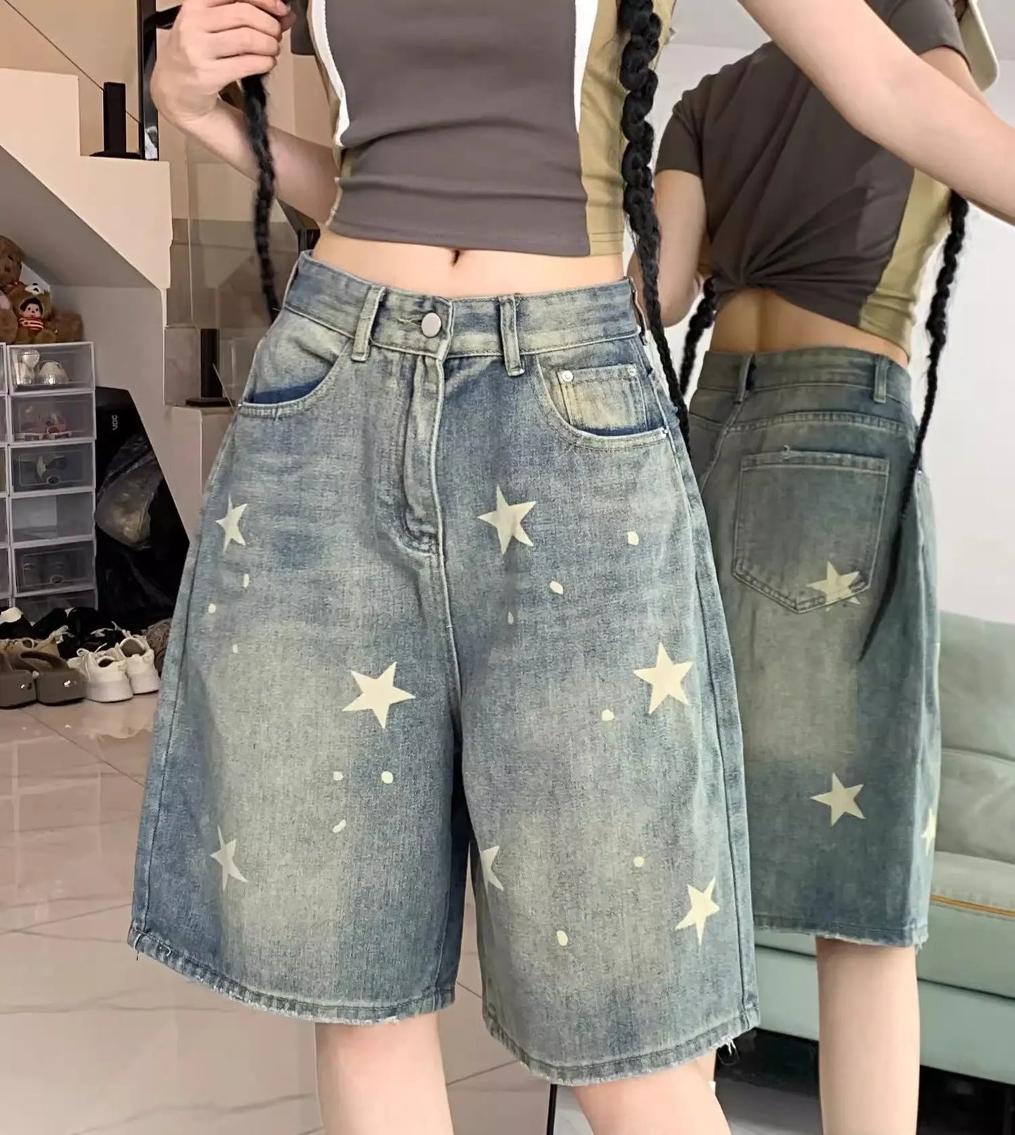 Floral Wide-Leg Women's Jeans – Retro Star Print