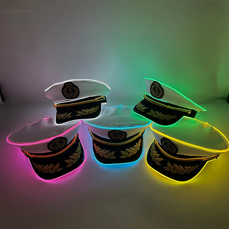 New Luminous White Sailor Captain Yacht Caps Wheat Embroidery LED Glow Navy Marine Hat Men Women Cosplay Halloween Costume Hats