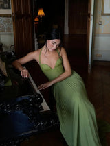 Women's Green Fishbone Corset Halter Maxi Dress