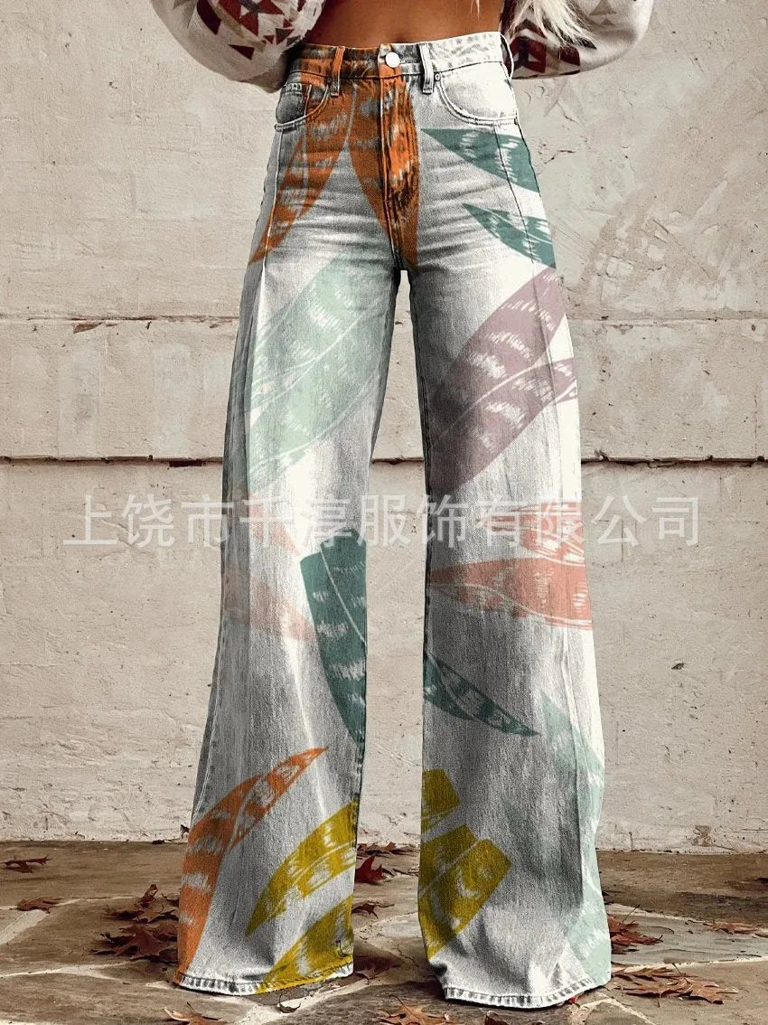 Women's 3D Print Wide-Leg "Jeans" – Trendy Low-Waist Flare Pants