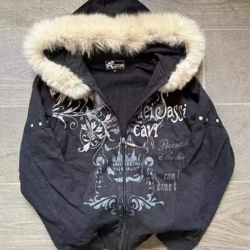 American Retro Printed Zipper Sweatshirt Women's Y2K New Harajuku Hip Hop Goth Casual Joker Long Sleeve Zipper Hoodie Streetwear