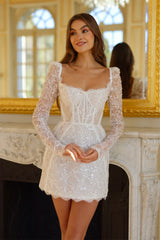 Customized Mini Skirt Square Neck Sequin Lace Wedding Dress Long Sleeves vestidos de novia Lace-up Back Short Gown After Party