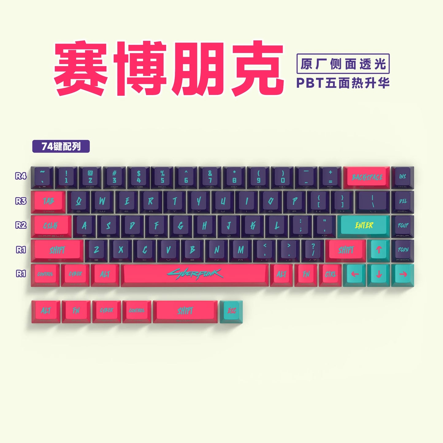 Anime 74-Key Original Height Side-Engraved Transparent PBT Keycaps Compatible With 61/68 Keyboards Computer Office Accessories