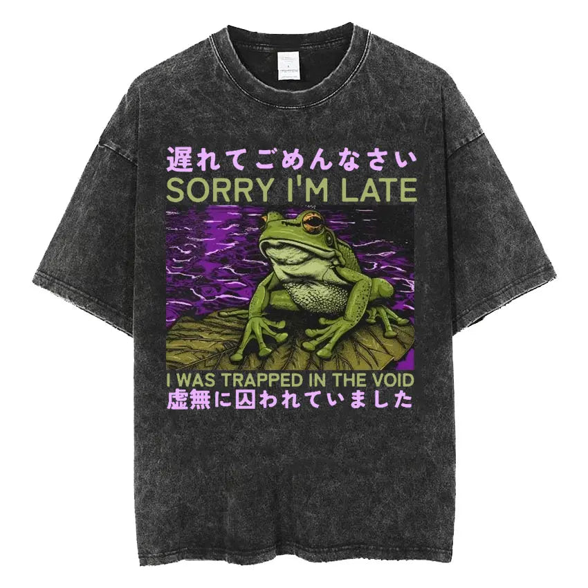The Horrors Are Never Ending Yet I Remain Silly T-shirt Funny Japanese Style Frog Retro Washed T Shirt Men's Oversized Tees Tops