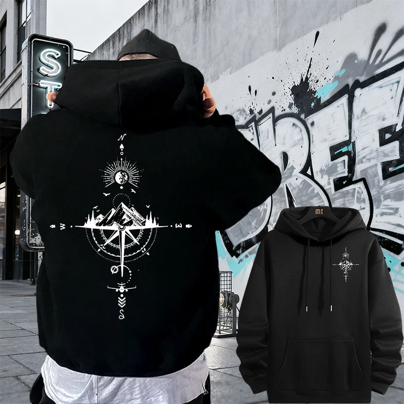 Vintage Compass Print Hoodies for Men High Quality Hooded Long Sleeve Pullover All Season Daily Casual Sports Tops Men's Clothes