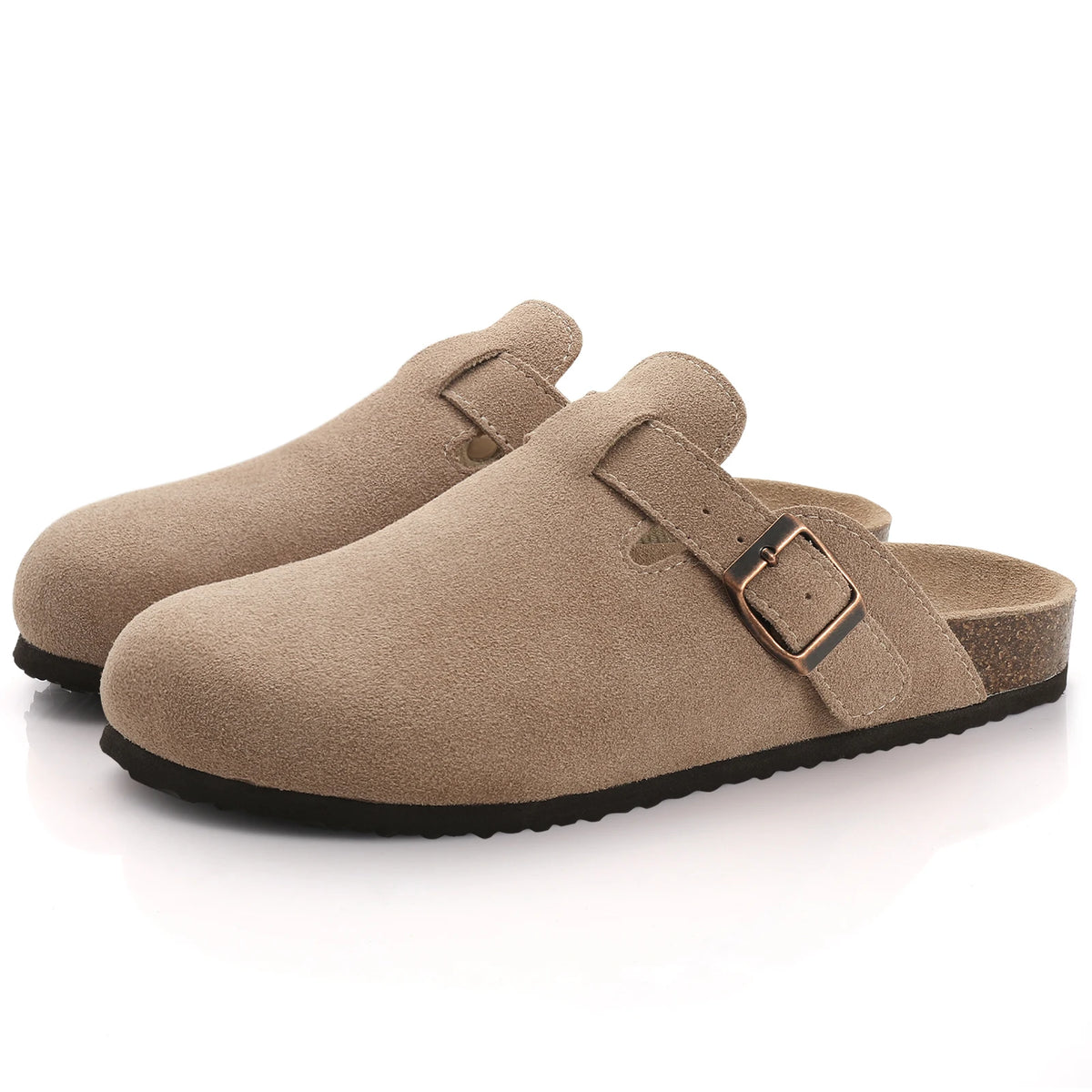 Evshine Men's Suede Clogs Fashion Leather Mules Cozy Footbed Slippers With Adjustable Buckle AntiSlip Cork Slippers Unisex Mules