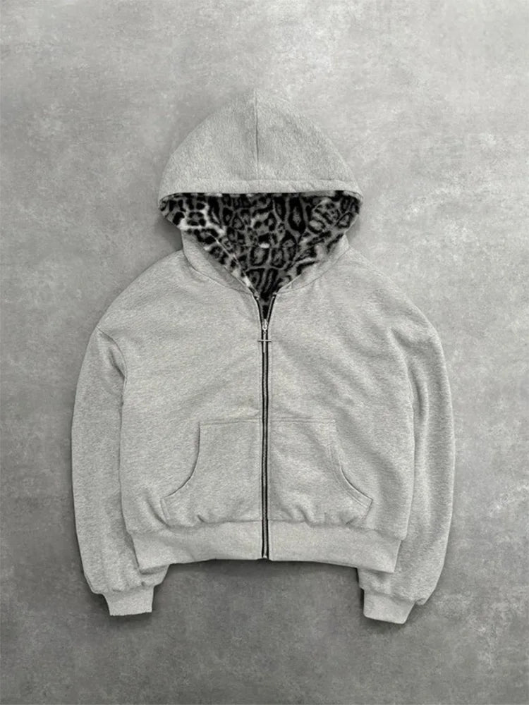 Men’s Grey Leopard Print Zip-Up Hoodie
