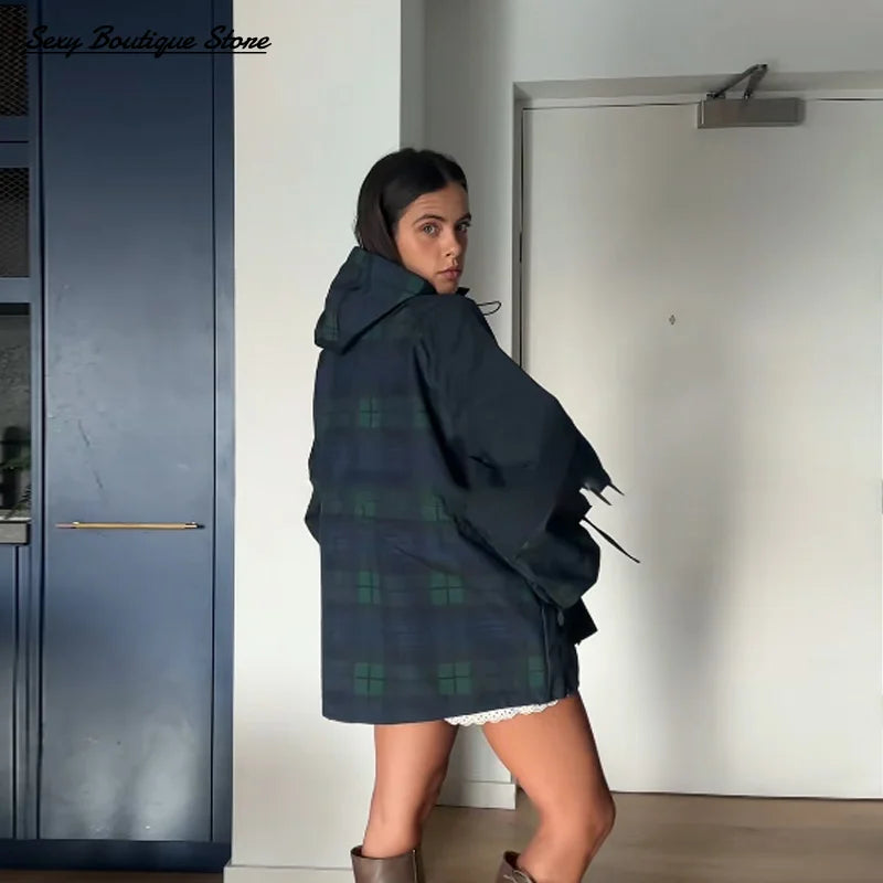 Vintage Plaid Oversized Hoodie Jacket for Women
