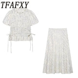 TFAFXY 2026 Summer Bow Plaid Embroidered Blouse Women Sets A-line Midi Long Skirt Suits Y2K