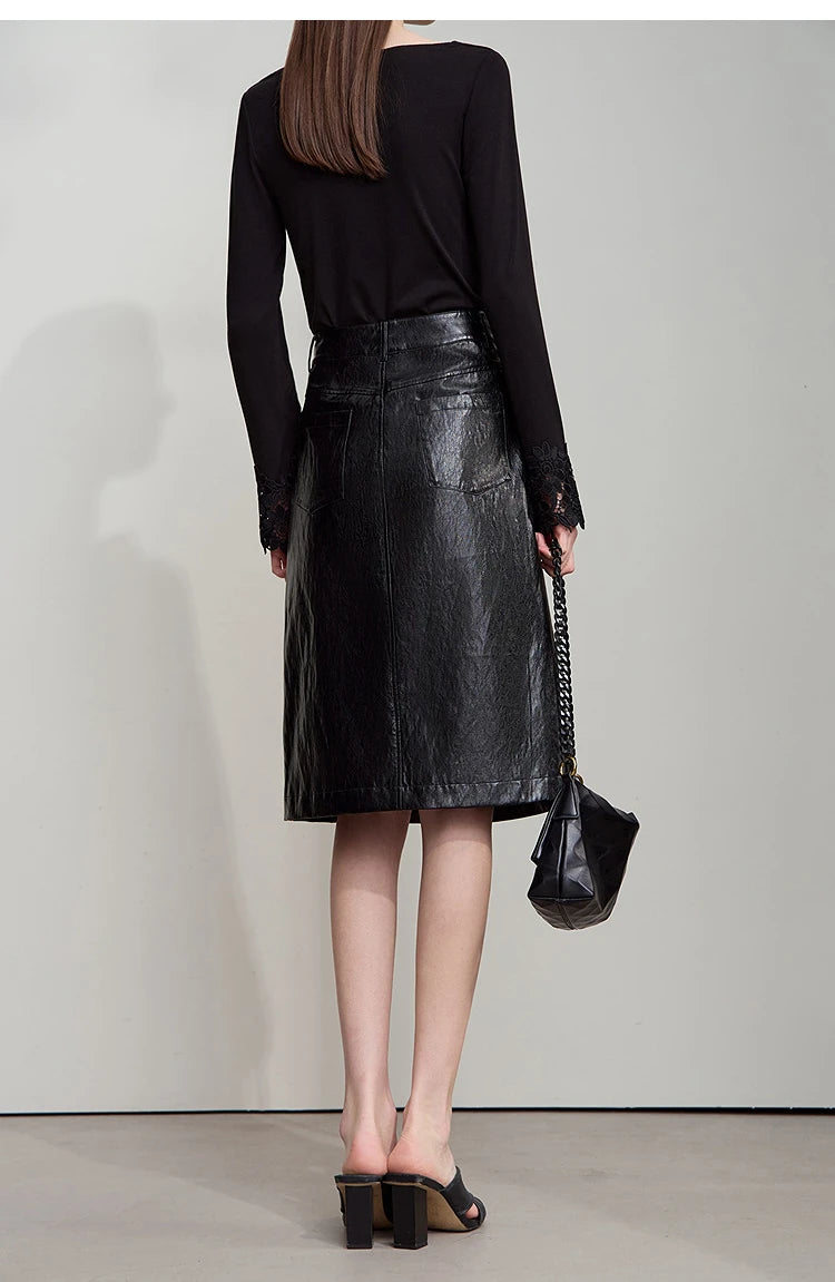 AMII Minimalist PU Leather Skirt for Women