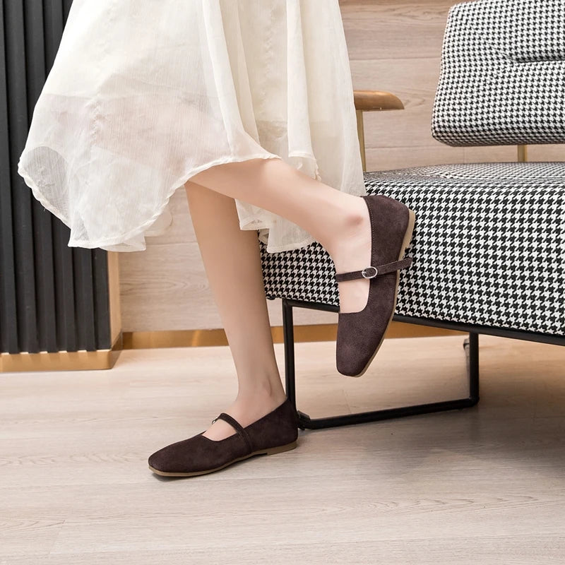 AIYUQI Women's Genuine Leather Square-Toe Ballet Flats