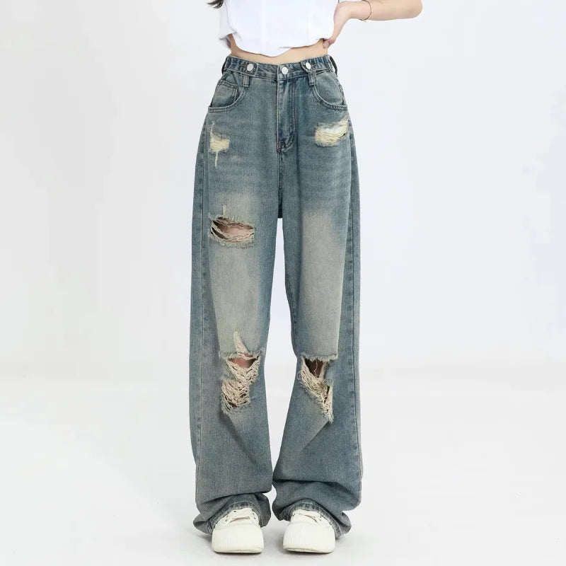 Y2K Vintage Wide-Leg Distressed Jeans