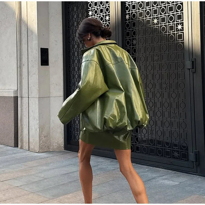 Vintage Green Leather Skirt Sets Women Fashion Solid Strapless Short Skirts Zipper Jacket Outfits Lady Daily Highstreet Outfits